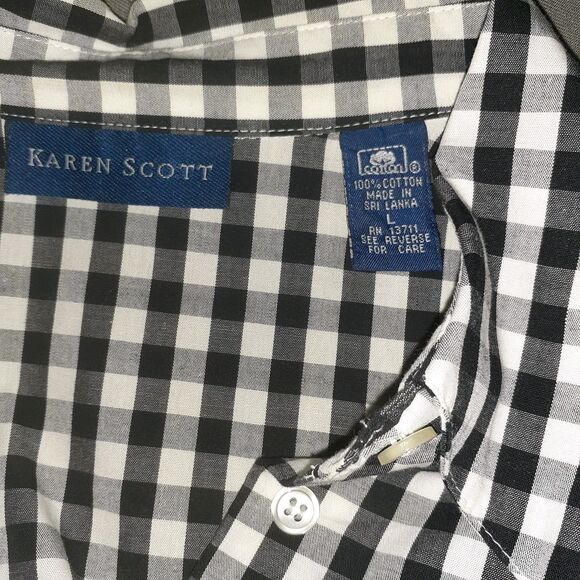 Karen Scott Top L Black White Check Cotton Sleeveless Button-down Summer Shirt - Picture 5 of 5